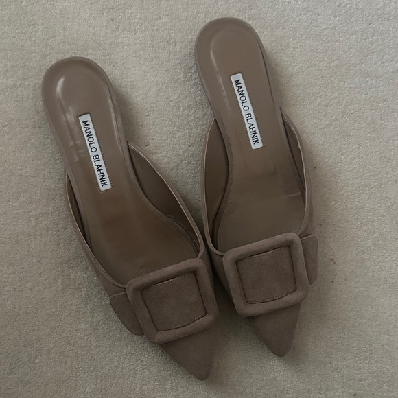 Manolo Blahnik Shoes - Manolo Blahnik Taupe Suede Pointed Mule with Buckle